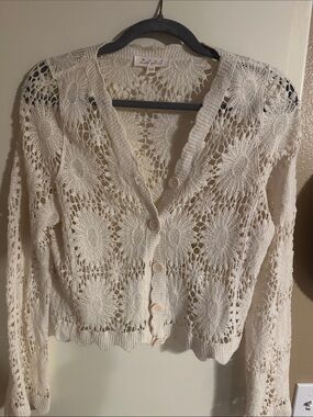 Crochet Openwork Cream Button-Front Cardigan